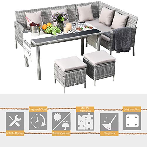 Outsunny 5-TLG. Gartenmöbel Set, Rattan Sitzgruppe mit Fußhocker, Metall, Grau, 134 x 60 x 75 cm – Bild 6