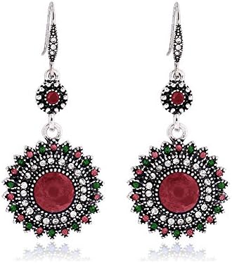 NEOWOO Sunflower Dangle Drop Earrings Crystal Cubic Zirconia Retro Vintage Bohemian National Jewelry for Women (Red)