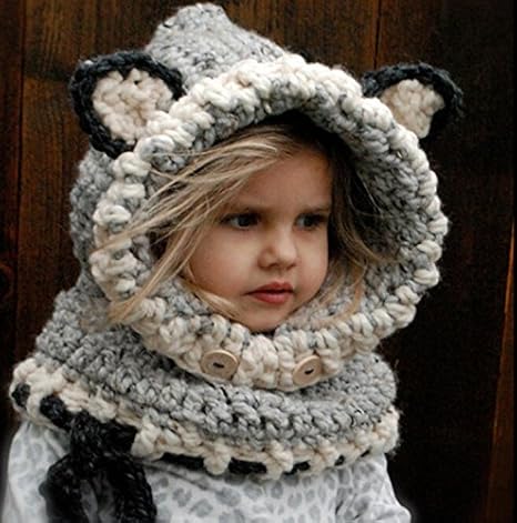 Freessom Bonnet Echarpe Set Hiver Cagoule Renard Unisexe Bebe Enfant Garcon Fille Mignon Kawaii Chaud Tricote Laine Chapeau Bobs Protection Doreilles Accessoires Vetements