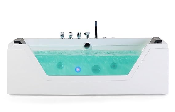 Whirlpool Badewanne Samurai mit 10 Massage Düsen + LED Unterwasser Beleuchtung / Licht + Wasserfall freistehende Wanne mit Gl