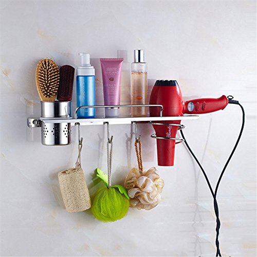 Hair Dry Holder, Wall Mount Hair Dryer Hanging Rack Organizer, Stainless Steel Hair Dryer Holder withHooks (3hooks-Silver)
