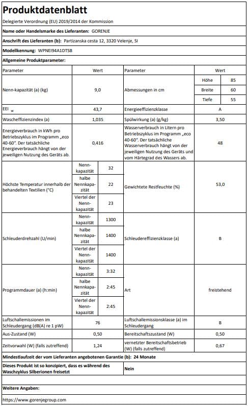 Gorenje WPNEI94A1DTSB Waschmaschine mit Dampffunktion/ConnectLife / 9Kg / 1400 U/min / 15 Programme/Totaler AquaStop/Wave Active Trommel/ExtraHygiene/PowerWash/Schnell Waschgang/EEK: A-10% 9