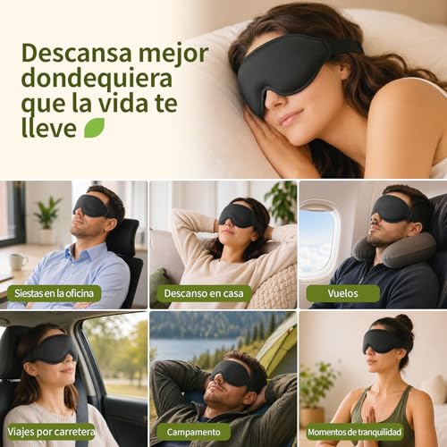 WakeSpring 3D Antifaz para Dormir, Copas Profundas Sin Presión en los Ojos, Correa Ajustable, Tela Suave y Transpirable, con Bolsa de Viaje y Tapones para Oídos, Set de Viaje