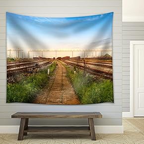 Cargo Train Platform at Sunset with Container - Fabric Wall Tapestry Home Decor - 51x60 inches