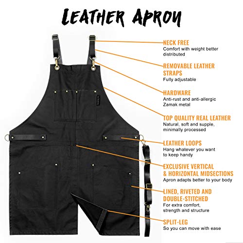 Under NY Sky Real Leather Apron - Black Leather Body, Pockets and Crossback Straps - Split-Leg, Lined - Adjustable for Men and Women - Pro Chef, Barista, Barber, Woodworker, Shop, Bartender, Maker