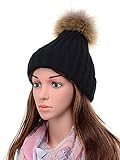 BingGe Womens Girls Winter Fur Hat Real Large Raccoon Fur Pom Pom Beanie Winter Hats