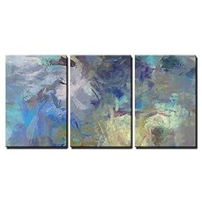 3 Piece Canvas Wall Art - Art Abstract Acrylic Blue Background with Beige and Violet Blots - Modern Home Art Stretched and Framed Ready to Hang - 16"x24"x3 Panels