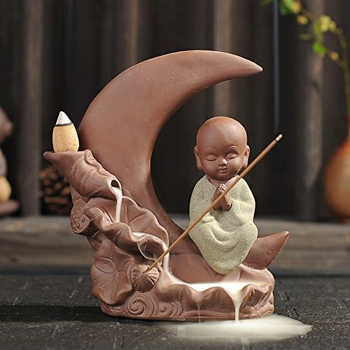 Backflow Incense Burner Holder Purple Little Monk Thinking Quietly in Night Moon Ceramic Censer for Home Office Decoration