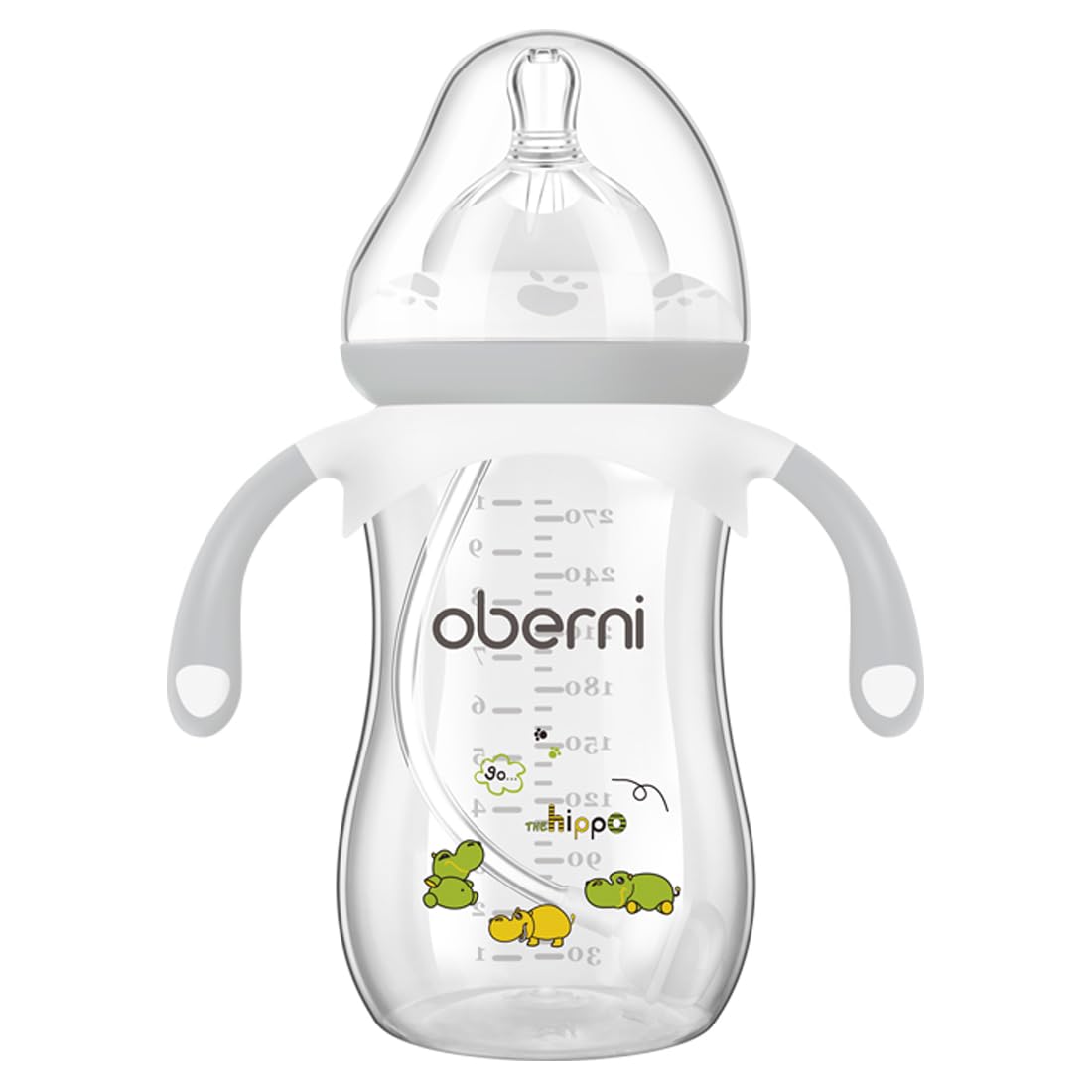 Oberni Weighted Baby Bottles with Size 4 Fast Flow Breast-Like Teat for 12 Months Plus / 1 Year Old Newborn Babies, 270ml/9oz, Non-Slip Handles, Anti-Colic, Grey/1 Pack