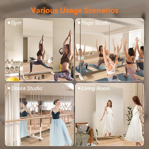 Hasipu Home Gym Mirror 360° Swivel on Wheels, 67" x 40" Extra Large Full Body Rolling Mirror, Tempered Glass Easy to Move Full Length Mirror for Yoga Studio, Bedroom, Dancing Studio, White