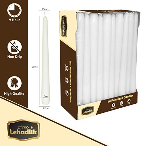 50 x Unscented White Bistro Tapered Dinner Food Table Candles 8-9 Hours Burn Time 25cm for Home/Events/Restaurant/Wedding/Party