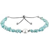 CRYSTALIS Natural Sea Larimar Pectolite Beads Slider Bolo Bracelet with Elegant Pearl, Uncut Chips Nuggets Crystals, Gemstone, Women Gift Jewelry, 925 Sterling Silver Slider 10 inch