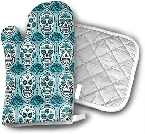 QEDGC Turquoise Sugar Skulls Cotton Oven Mitts Pot Holders Set - Kitchen Oven Mitt Heat Resistant, Non-Slip Grip Oven Gloves PotholderCooking,Baking & BBQ,