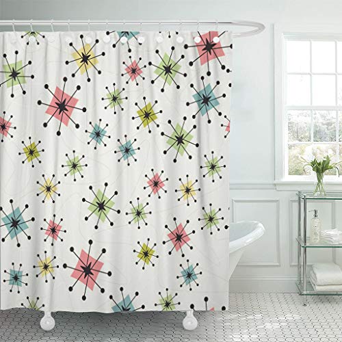 Emvency Shower Curtain Vintage Atomic Stars Retro Pattern on of Boomerangs Mid Centry Waterproof Polyester Fabric 72 x 72 inches Set with Hooks