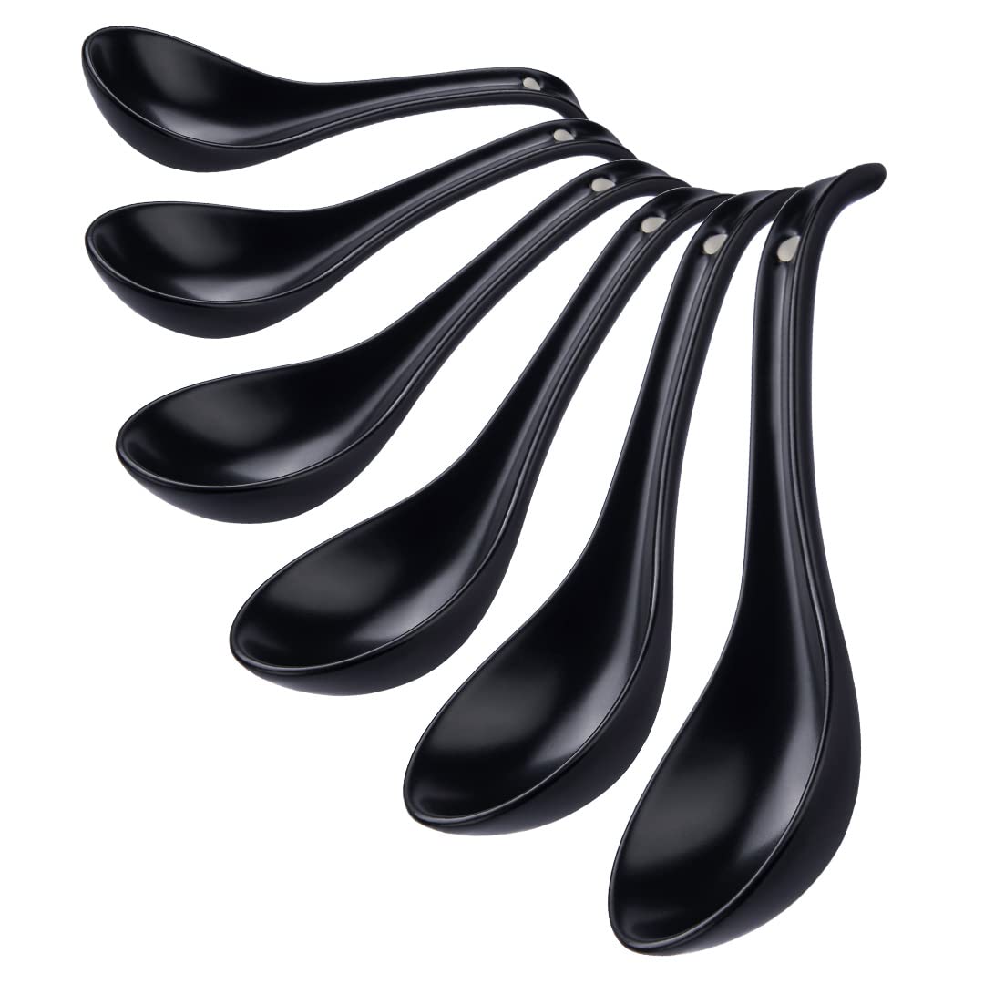 CHILDIKE Porcelain Soup Spoons Set of 6, 6.6 Inch Ceramic Chinese Asian Japanese Ramen Spoons, Black