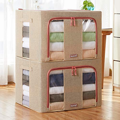 Moonday Zipped Storage Organiser Box, Huge Capacity Thick Nonwoven Bag for Bedding, Comforters, Blankets, Duvets, Clothes, Fordable Steel Frame (Twin Pack) (Beige, 66 Litre)
