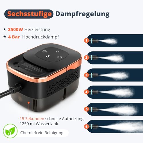 Nettoyeur Vapeur à Main 2500 W – 4 Bars, Chauffe en 15 s, Vapeur à 105°C pour Désinfection, Réservoir 1250 ml, 6 Niveaux de Puissance pour Cuisine, Salle de Bain, Voiture et Carrelag (23 Accessoires)