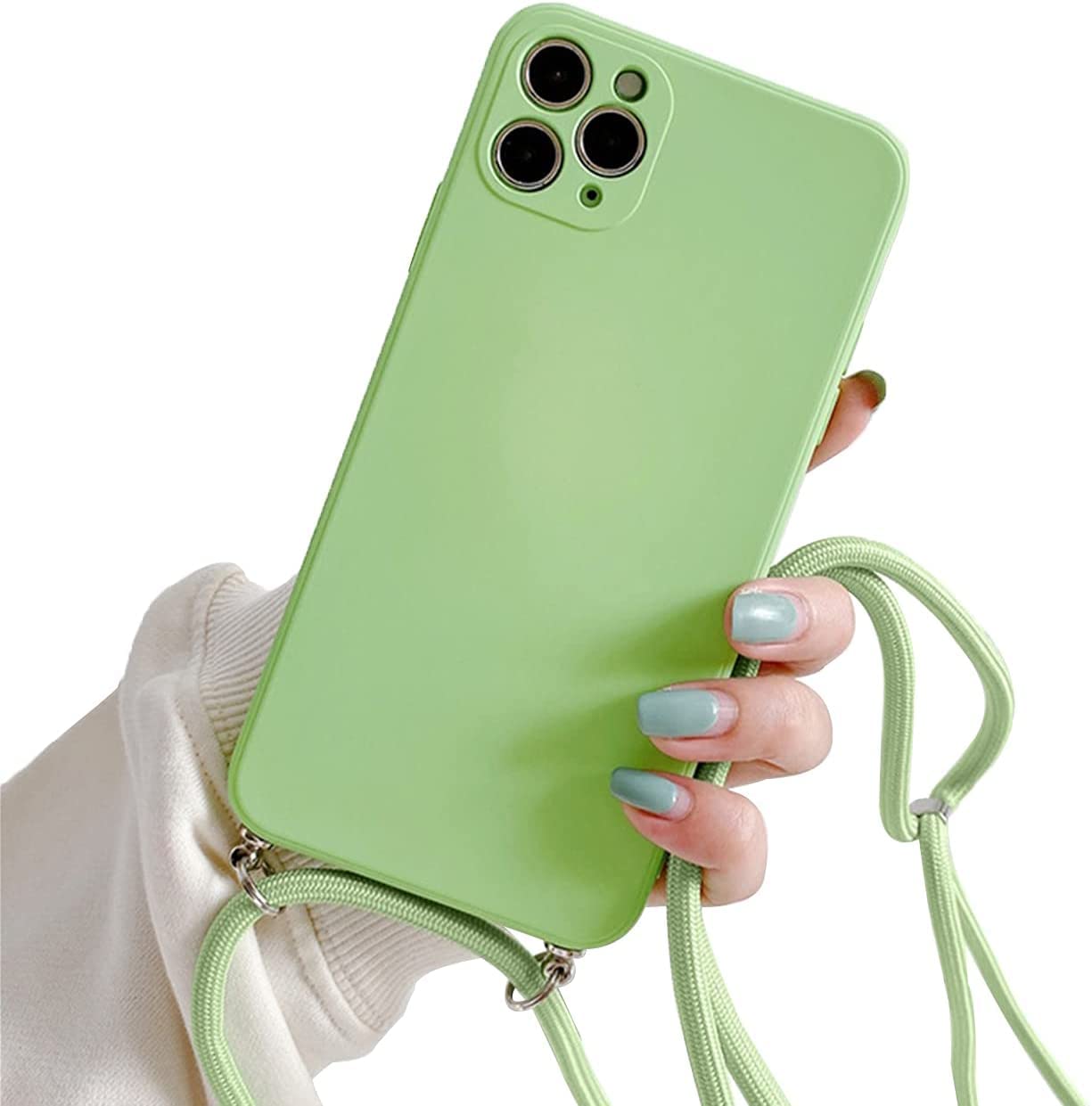 Mobile phone chain for iPhone 14 plus 6.7", silicone case with lanyard smartphone necklace protective bumper with strap shockproof lanyard case cover Green