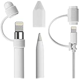 [3-Piece] Fintie for Apple Pencil Cap Holder / Nib Cover / Lightning Cable Adapter Tether for iPad Pro Pencil, White