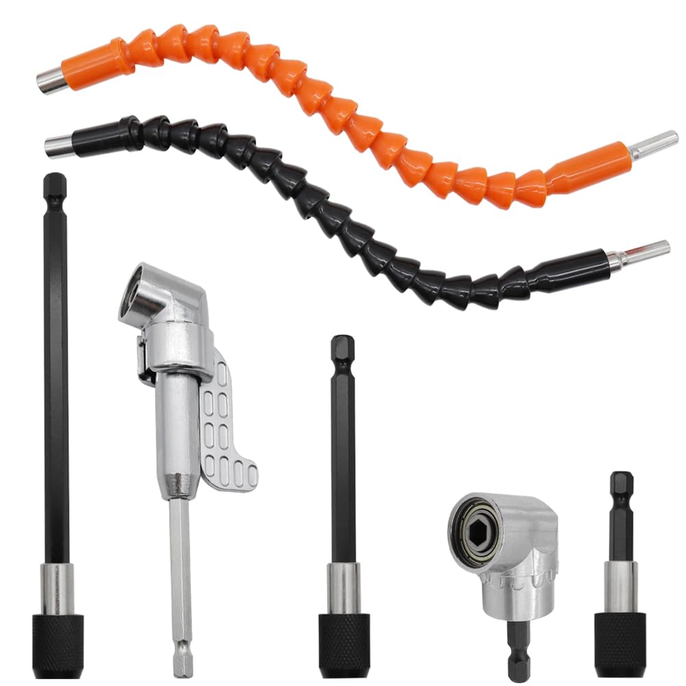 GYSRXS High-speed steel angle attachment for cordless screwdriver, wrench, nut set with 3 pieces, 1/4 inch hex shank extension rod, 2 pieces, 105° angle attachment and 2 pieces flexible bit holder