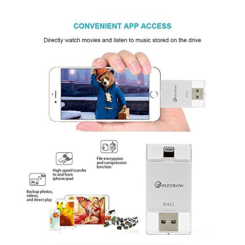 Elecrow 64GB USB Flash Drive External Storage Memory Expansion Adapter Compatible with iPhone 5, 5s, 5c, 6, 6 Plus, 6s, 6s Plus 7 7Plus iPads iPods iOS PC - Thumbnail 6