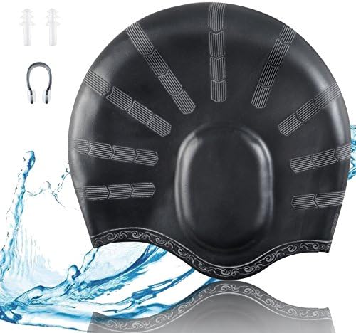 Ssking Swim Cap Keeps Hair and Ear protector -100% Silicone with Nose Clip &Ear Plugs for Women and Men (Black)