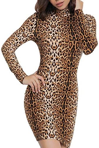Howley Dress Fashion Women Bodycon Skirt Turtleneck Long Sleeve Leopard Print Sheath Mini Casual Dress