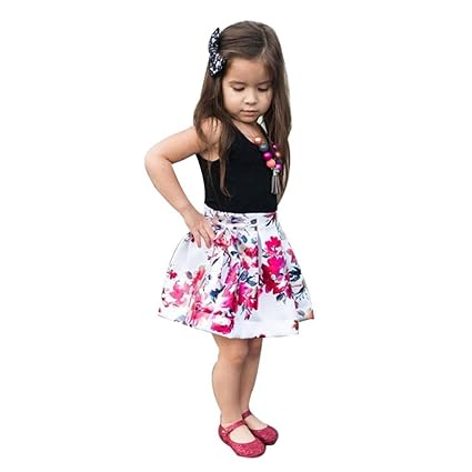 Festliche Babymode Kindermode Mädchen Kleider Longra Baby Kinder Kleider Ärmellos Schwarz T-shirt Tops Blumenrock Mädchen sch