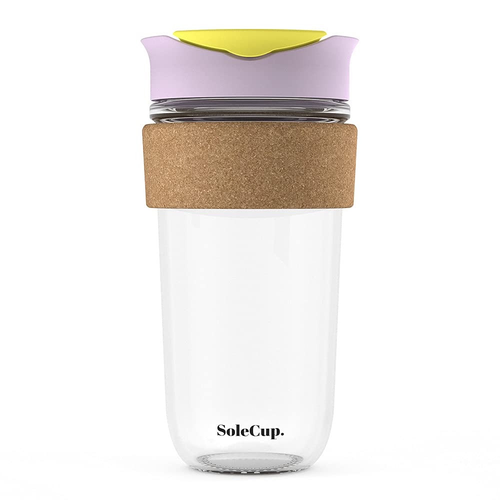 SoleCup. Large Travel Mug - Reusable Strengthened Glass Coffee Mug - 18oz/530ml BPA-Free Hot Drink Travel Mug with Lid & Cork Band (Ice Cream, 530ml / 18oz)