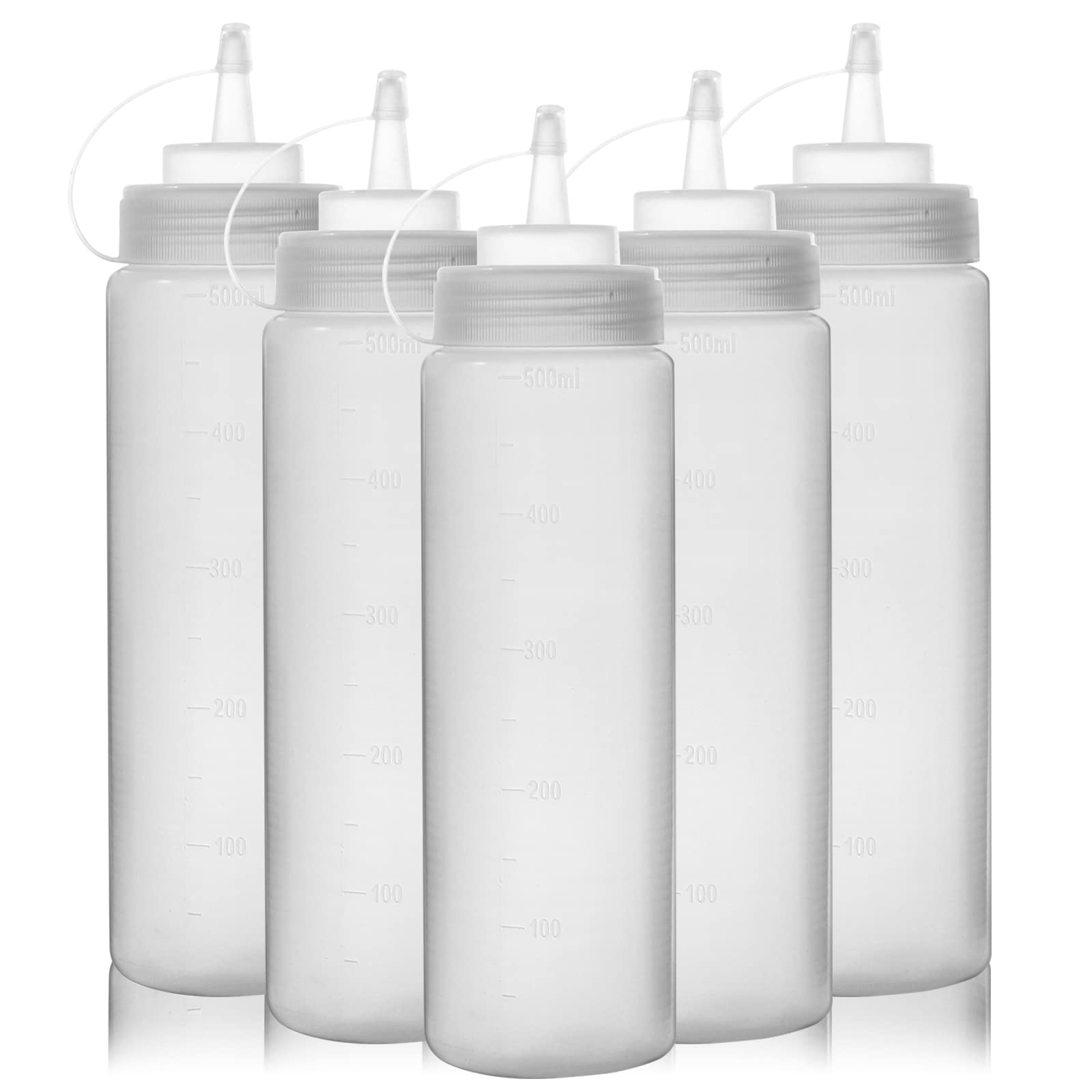 Happybase 16oz Squeeze Bottles with Caps, 5 Pack Squeezy Sauce Bottles, Plastic Squeeze Dispensers with Measurements for Ketchup, BBQ, Sauces, Syrup, Dressings