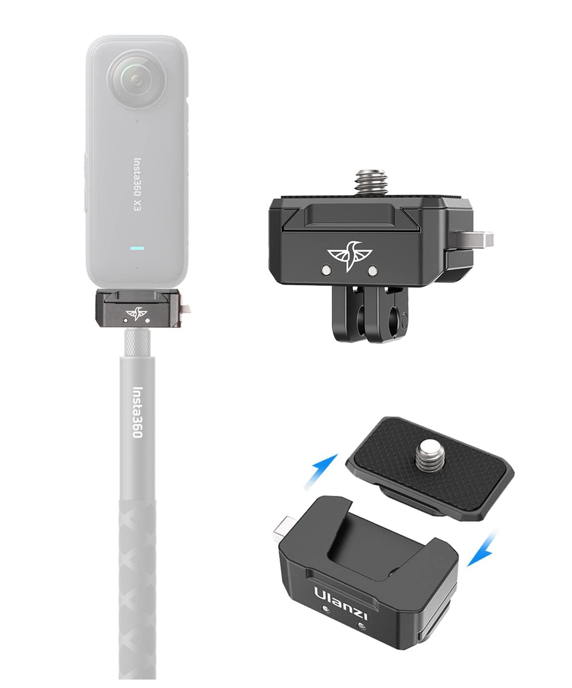 ULANZI Inov8 Quick Release Mount Kit for Invisible Selfie Stick X4 / X3 / ONE X2 / ONE RS/ONE R/ONE X with QR Base and Plate
