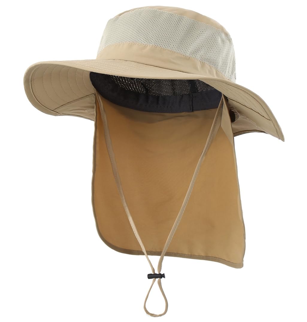 Decentron Men's Fishing Hat with Neck Cover UPF 50+ Sun Protection Bucket Hat for Outdoor Hunting Gardening Safari Khaki