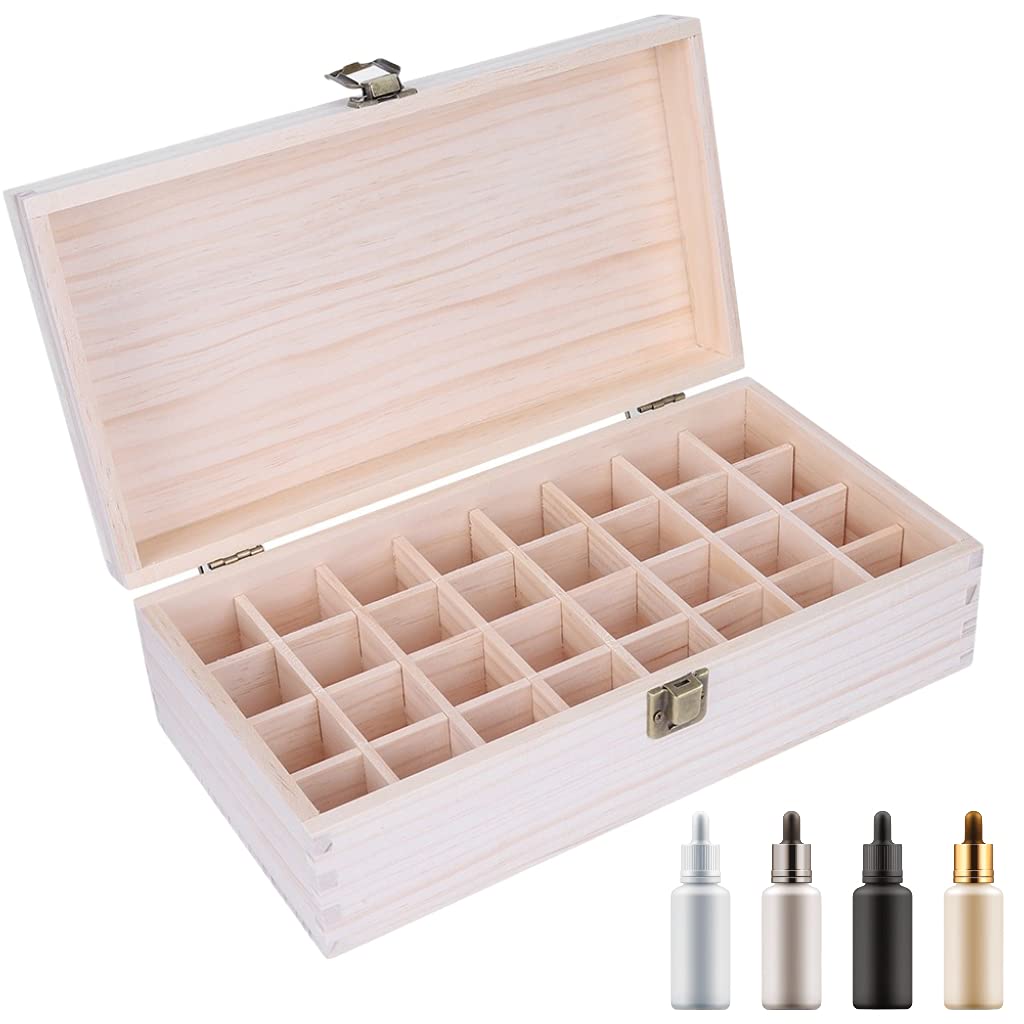 Essential Oil Wooden Storage Box, Nail Polish Storage Aromatherapy Essential Oil Carrying Case Organizer Display Case with Buckle Holds 32-74 Bottles (Fits 5-15 ml)