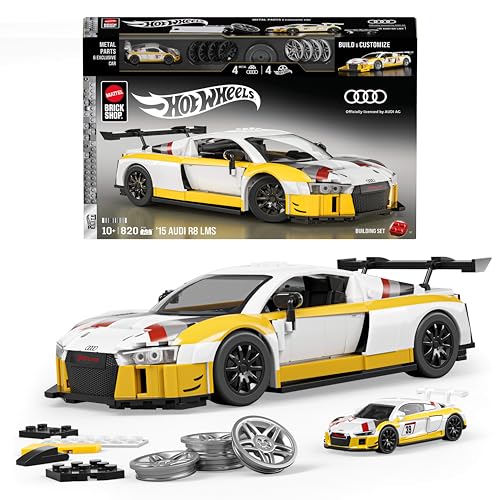 Mattel Brick Shop Hot Wheels Elite Serie Bauset, ’15 Audi R8 LMS mit 820 Teilen, realistischen Details und individuellen Aufklebern, erwachsene Sammler und Kinder ab 10 Jahren, JFT18