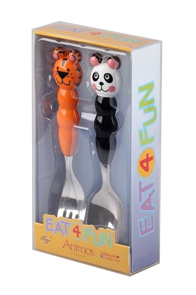 Eat4Fun Tiger and Panda Animal Animo Stainless Steel Childrens Kids Fork and Spoon Cutlery Set, Multi Color