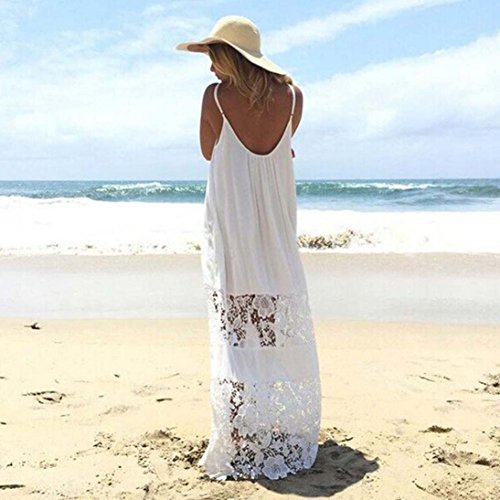 Snowfoller Sexy Women Spaghetti Strap Lace Long Maxi Dress Summer Beach Vest Dress Sleeveless Loose Dress (S, White)