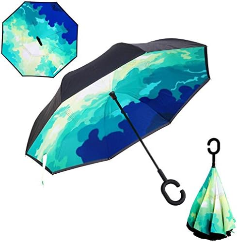 Double Layer Inverted Umbrella Wind Proof,UV Proof Reverse Straight Folding Travel Umbrella with C Shape Handle and Carrying Bag