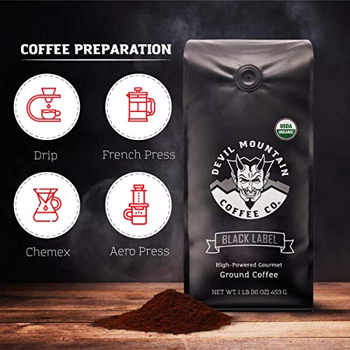 Devil Mountain Coffee Black Label Dark Roast Ground Coffee, Strong High Caffeine Coffee Grounds, USDA Organic, Fair Trade, Gourmet Artisan Roasted, Strongest Coffee in the World, 16 oz Bag