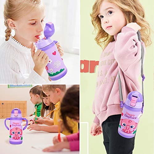 Kids Water Bottle With Straw Unicorn Thermoses Stainless Steel Insulated Vacuum Cup BPA Free Spillproof Thermal Water Cup For Girls School Lunch - With Handle And Shoulder Strap -12oz, Purple