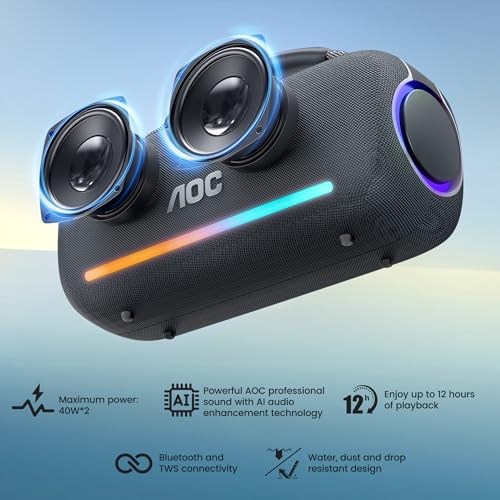 AOC ACS6311 Bocina Bluetooth Portatil 80W, Varias Luces RGB, Bluetooth 5.3 Altavoz Inalámbrico, Sonido Estéreo HD, 4000Mah Tiempo de Espera Ultralargo IPX5 función, Ideal para Viajar, Campear, Negro