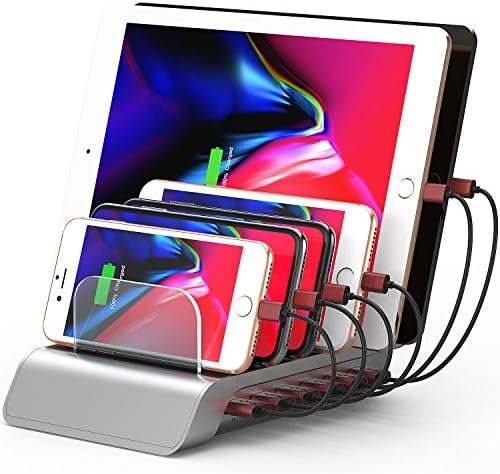USB Charging Station, KingYue Smart IC 6-Port Desktop Charger Stand with Universal Detachable Baffles Organizer for Smartphones, Tablets, iWatch, Bluetooth Speakers, Power bank, Kindle (Silver)