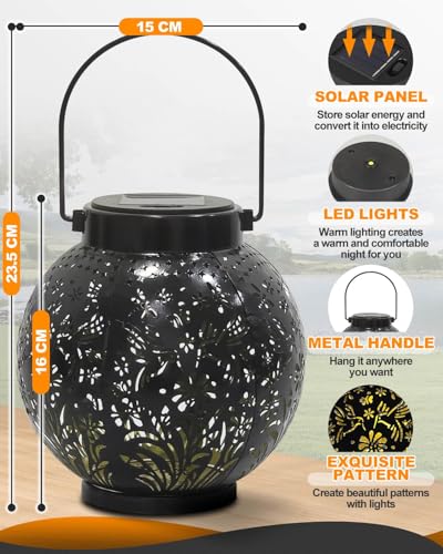 KALAHOL 2 Pack Solar Lanterns Light, Outdoor Lanterns for Garden with Beautiful Pattern, IP44/Auto On Off, Outdoor Hanging Garden Solar Lights for Garden Outside Patio Courtyard Table Balcony