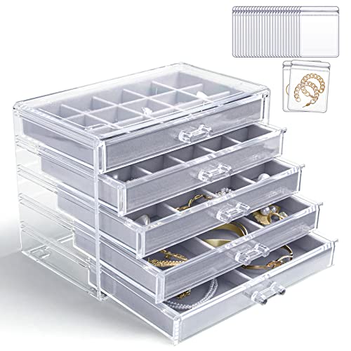 KAMIER Earring Jewelry Organizer with 20 Pcs Portable Jewelry Bag, Clear Acrylic Jewelry Organizer Box for Women with 5 Drawers for Earrings Ring Bracelet Necklace
