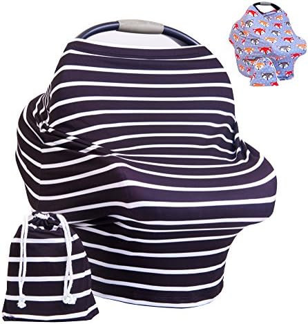 Premium Baby Car Seat Canopy - Multi Use Breastfeeding Cover Up - Shawl for Nursing, 360 Privacy, Shopping Cart, Stroller or Carseat Cover - Bonus Matching Carry Pouch - Black Stripe