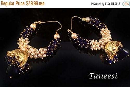 Bridal Pearl Earrings,Gold & White Pearl Chand Bali,gold Jhumkas,Blue Jhumka chand bali ,cluster pearl earrings by TANEESI