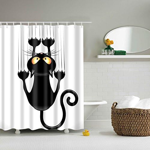 lengshuitang Black Cute Cat Fabric Anti Bacterial Mildew Resistant Bathroom Waterproof Polyester 72 x 72 Inch Bath Shower Curtain