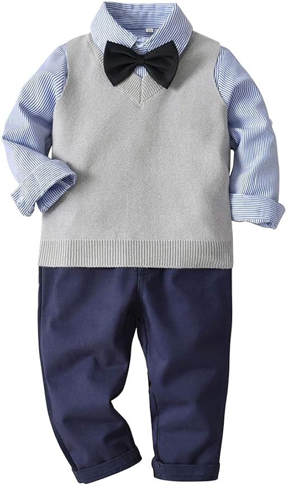 Amazon Co Jp Fairy Baby 蝶ネクタイ付き 子供フォーマルスーツ 男の子 長袖シャツ 長ズボン Vネクタイニットベスト 3点セット 結婚式 Size 100 グレー 服 ファッション小物