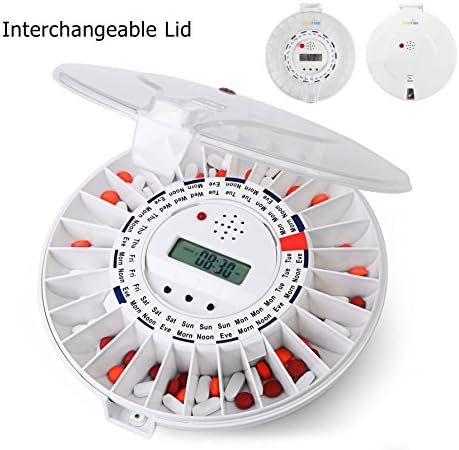 LiveFine Automatic Pill Dispenser W/ Solid &amp; White Lids Included, 28-Day Electronic Medication Organizer with Alerts, Flashing Light and Safety Latch - Dispenses Prescriptions Up To 6 Times Per Day -