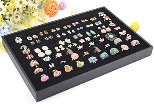 Wuligirl 12/24/36 Grids 100 Rings Jewellery Tray Storage Box Stackable Show Case Organiser Holder Earrings Brooch Buttons Necklace Rings Display, Black Velvet