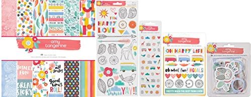 Amy Tangerine Oh Happy Life Bundle with 12x12 Inch Paper Pad, Ephemera, 6x12 Inch Accent Stickers, Sticker Book, Puffy Stickers (Set of 5 Items)